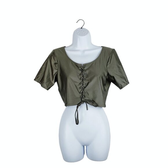 Good American Short Sleeve Lace Up Swim Top Olive Green Metallic Size 5/2XL - Picture 1 of 10